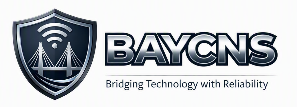 BAYCNS logo featuring a metallic shield with a bridge and Wi‑Fi symbol, representing secure and reliable network technology.