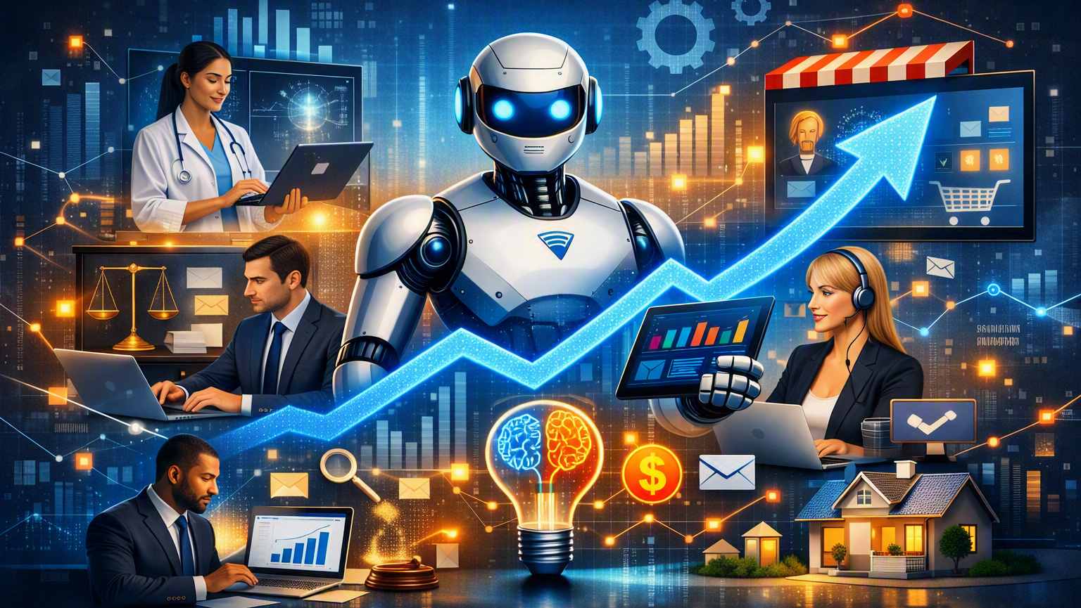 Futuristic digital illustration showing AI‑powered business growth with a central robot, professionals from legal, medical, retail, and tech industries, and a glowing upward arrow symbolizing success.